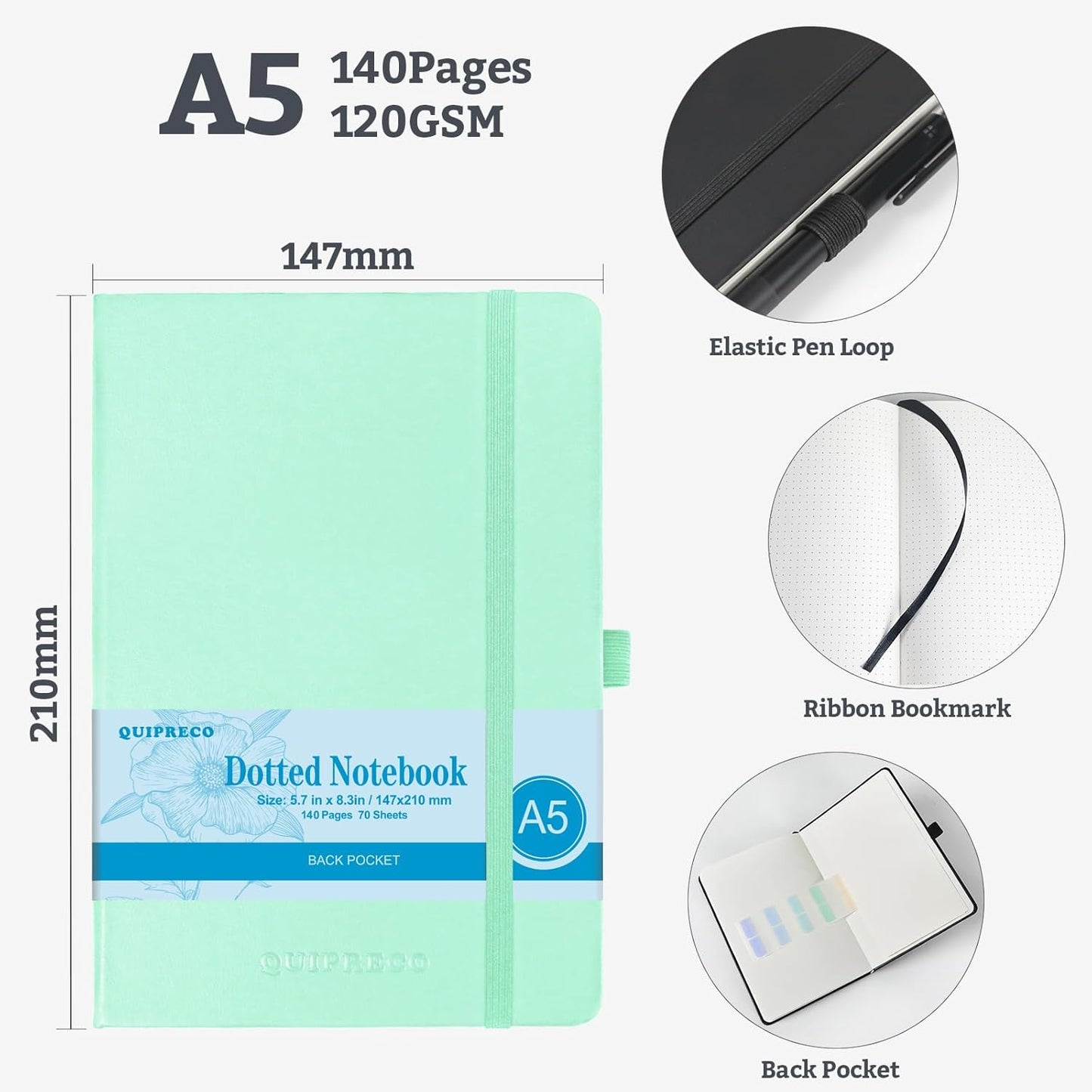 2Pack Bullet Dotted Hardcover Journal Notebook, A5 140 Pages 120Gsm Thick Paper for School,Note Taking,Work,Diary，5.7"*8.3",Light Green