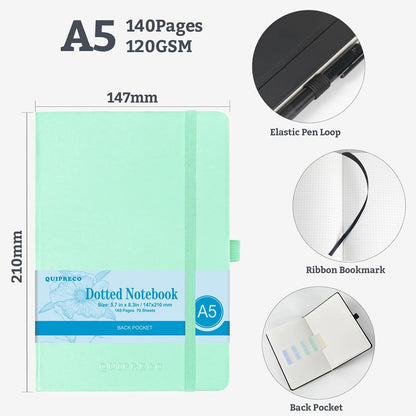 Bullet Dotted Hardcover Journal Notebook, A5 140 Pages 120Gsm Thick Paper for School,Note Taking,Work,Diary，5.7''*8.3'',Light Green