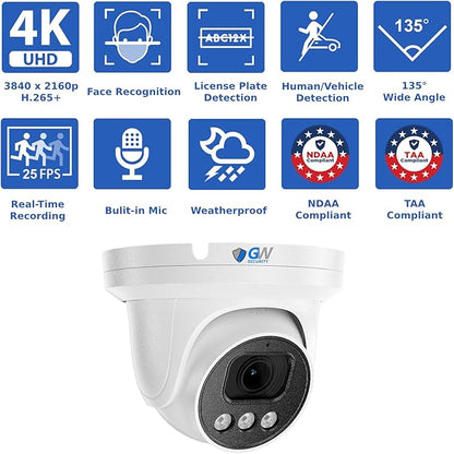 GW Security 16 Channel NVR UltraHD 4K Face Recognition NDAA & TAA Compliant Security Camera System with 16 x 8MP @25FPS Outdoor & Indoor PoE Turret Cameras, 10 Smart AI Functions