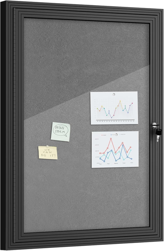 36"x24" Enclosed Bulletin Board, Outdoor Lockable Weather-Resistant Aluminum Cork Noticeboard for School & Office, Black Frame w/Grey Flet