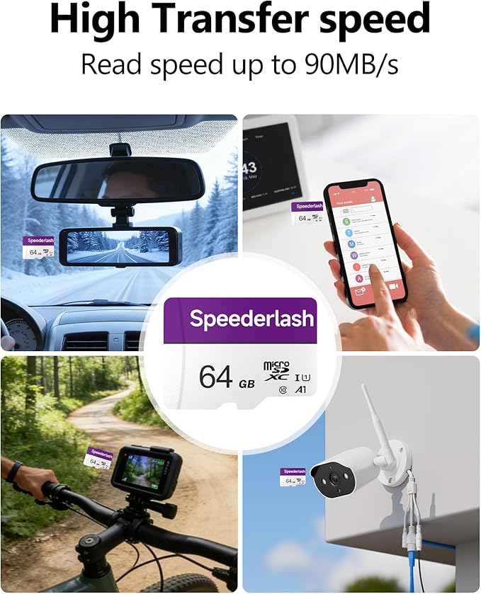 Micro SDXC Memory Card 64GB 3 Pack, Speederlash Camera Plus TF Card with Adapter, 90MB/s Read Speed, 4K UHD&5K Video Support, U1 V30 A1 Rated, for Security Camera, Smartphone, Drone, Tablet, PC