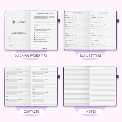JUBTIC Password Book with Individual Alphabetical Tabs, 7"x10" Internet Password Keeper Book for Seniors, Password Notebook and Organizer/Notes Section,Purple