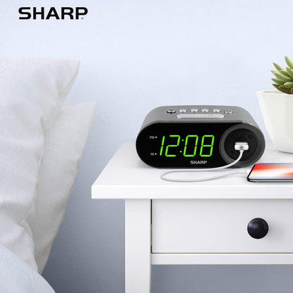 Sharp Digital Easy to Read Alarm Clock with 2 AMP High-Speed USB Charging Power Port - Charge Your Phone, Tablet with a high Speed Charge! Simple, Easy to Use Operation, Black – Green LEDs