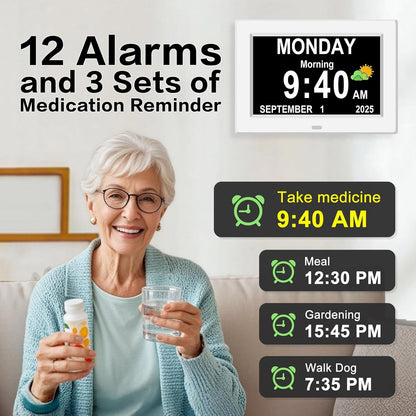 11'' Large Display Digital Clock for Seniors, Digital Calendar Alarm for Elderly Clock with Date Day of Week 12 Alarms 4 Colors Desk Wall Clocks for Memory Loss Alzheimers Dementia Auto DST/Dimmer
