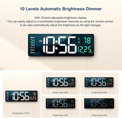 Digital Wall Clock Large Display, 16" with Remote Control for Living Room Gym Shop Warehouse Office Garage Decor, Auto Brightness Dimmer Reloj De Pared with Date Week Temp (Green)