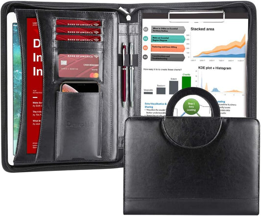 Darolin Zippered Leather Padfolio Portfolio with Hidden Handle and Clipboard, Business Conference Organizer Notepad Folder, Portfolio Bag, Padfolio for Women/Men (Black)