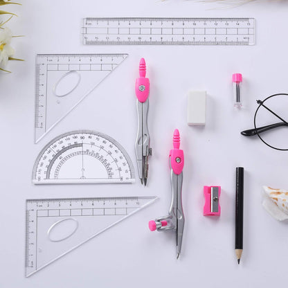 Math Geometry Kit Sets 10 Piece Student Supplies with Shatterproof Storage Box,Includes Rulers,Protractor,Compass,Eraser,Pencil Sharpener,Lead Refills,Pencil,for Drafting(Pink）
