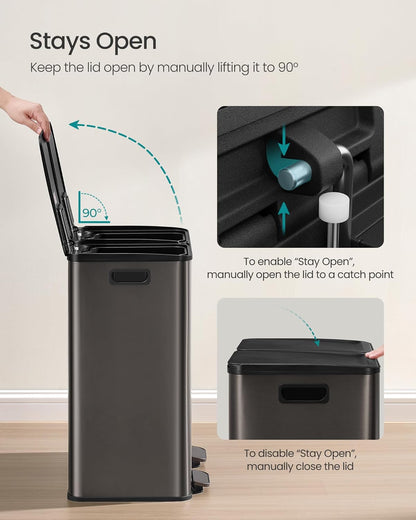 SONGMICS Trash Can, 2 x 8 Gallon (2 x 30 L) Dual-Compartment Garbage Can with Soft-Close Lid, Pedal and Inner Buckets, Stainless Steel, Includes 15 Liner Bags, Slate Gray ULTB741G01