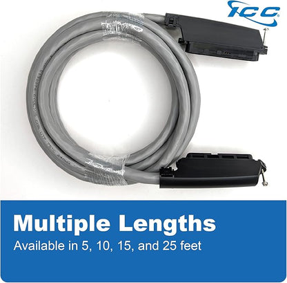 ICC Female to Female 25 Pair Telco Cable 25ft - Cat3 24AWG, 100% Solid Pure Copper, Gray Riser CMR Cable with 90 Degree 50 Pin Telco Connector for Voice and Low Data PBX Applications, 25 Feet