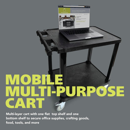 Pearington 2-Tier Compact Multi-Purpose Plastic Utility Cart with Lockable Wheels up to 150lbs, Black