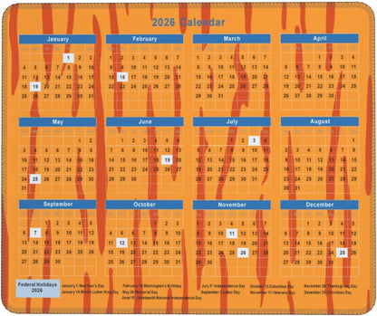 2026 Calendar Mouse Pad Tiger Texture, Calendar with Holidays Mouse Pads, Non-Slip Rubber Base Mousepad for Office Desk Computers Laptop