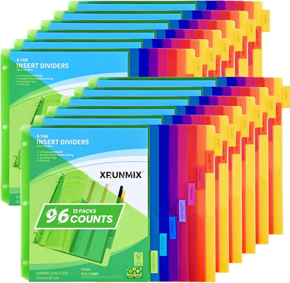8-Tab Binder Dividers - Index Pockets Divider for 3 Ring Binders, 3-Hole Plastics Sheets Protectors for US Letter Size in 0.5'', 1'', 2'', 3 inch Binders, 8 Colors (XY004) (12 Packs)