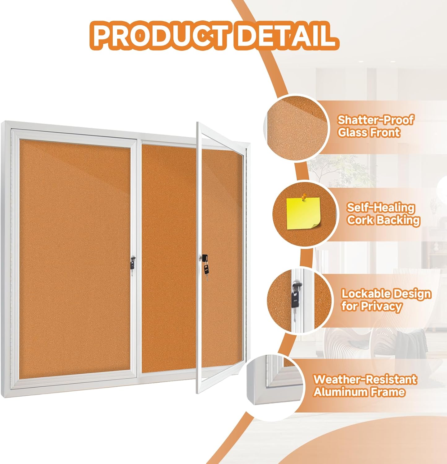 Enclosed Bulletin Board with Locking Door, Outdoor Bulletin Board Weatherproof, Lockable Display Case for Home, Office, and Community Use(31.5" L x 43.3" W Cork)