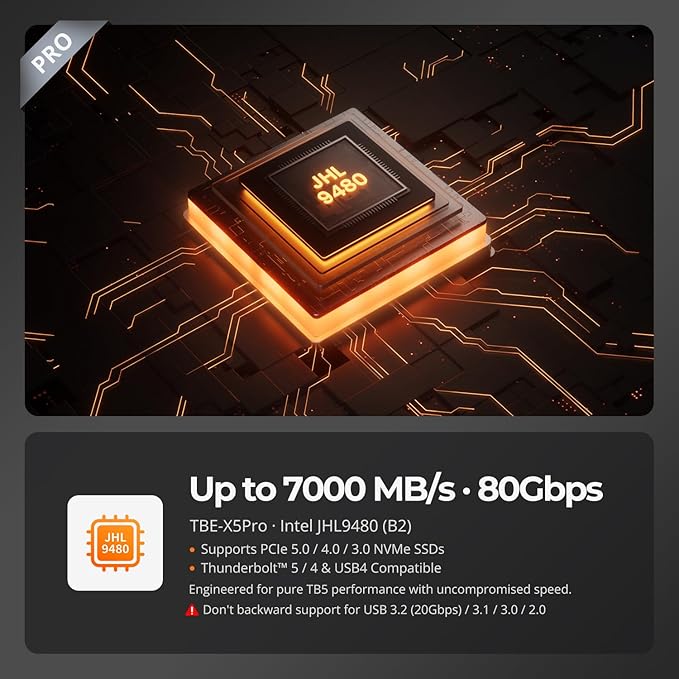TESmart 80Gbps M.2 NVMe SSD Enclosure with JHL9480 Chip, PCIe 5.0 SSD | Compatible with Thunderbolt 5/4/3/USB4 v2/USB4, Smart Cooling | 8TB Max | High-Speed 7000MB/s External Storage(TBE-X5PRO)