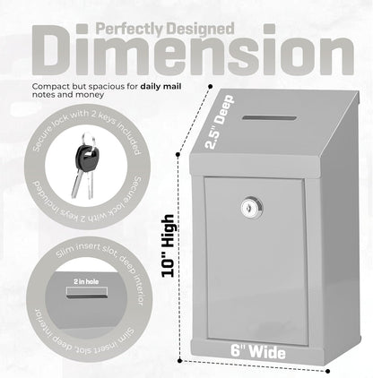 Metal Donation Box-Suggestion Box with Slot and lock-Cash Lock box for Money-Secure Drop Box-Comment and ballot voting box-comes with pre-drilled holes for easy wall mounting 10 X 6 X 2.5"(Off White)