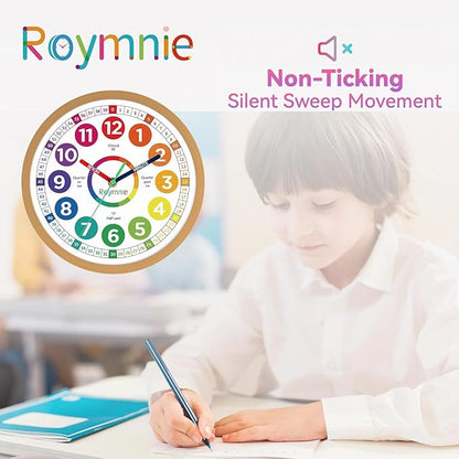 Roymnie14 Inch Wall Clock for Kids Learning to Tell Time Large Analog Silent Battery Operated Teaching Clock Silent Colorful Teaching Time Ideal Gift for Kids Room School