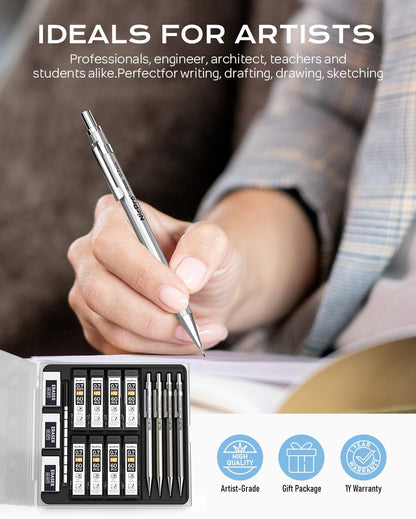 Nicpro 4 Pack Mechanical Pencil 0.7mm with Case, MB1000 Metal Mechanical Pencil Set with 8 Tube HB #2 Lead Refill 0.7 mm, 3PCS 4B Eraser, 9 Cap Eraser for Artist Drafting Writing, Sketching, Drawing