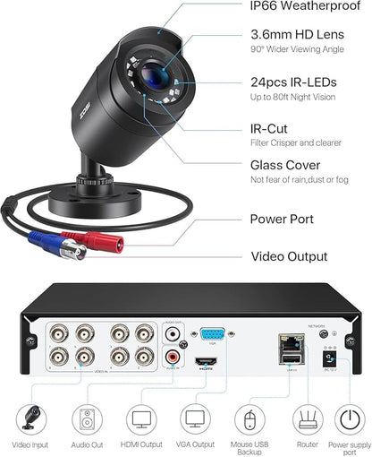 ZOSI 8CH 3K Lite Home Wired Security Camera System with 1TB HDD, AI Human Vehicle Detection, Night Vision, 4pcs 1080P Indoor Outdoor Surveillance Cameras, H.265+ 8 Channel CCTV DVR for 24/7 Recording