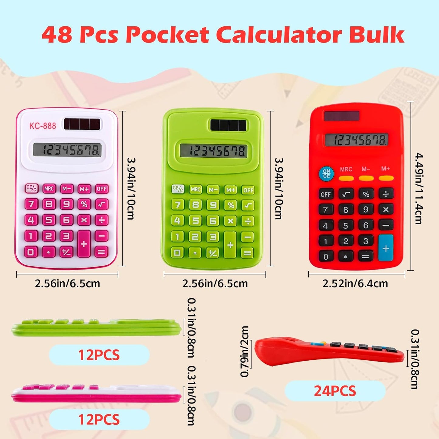 48 Pcs Pocket Calculator,Pocket Size Basic Calculators,8 Digit Display Solar Battery Dual Power Desktop Calculators,Mini Calculator for Students,Home,Office, 3 Styles