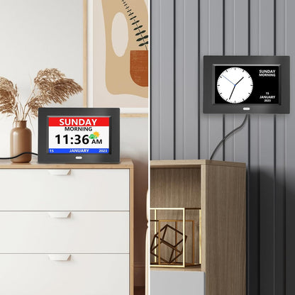 7 Inch Digital Clock with Day and Date for Elderly Alzheimer's Clock Customizable Alarms 3 Display Modes Large Font Alarm Clock for Seniors Auto DST Black