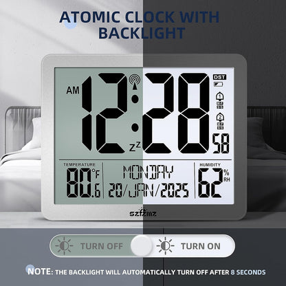 Digital Wall Clock Battery Operated with Backlight, Atomic Alarm Clocks with Indoor Temperature & Humidity for Bedrooms, Office, 8.5" Small Desk Clock with Large Display for Seniors, Auto DST, Sliver
