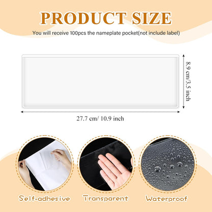 Jeyiour 100 Pcs Label Holders Adhesive Nameplate Pockets Storage Bin Labels Index Card Holder Shelf Plastic Peel Stick for Classroom Supermarket Bookshelf Library Student Box Drawer (3.5 x 10.9 Inch)