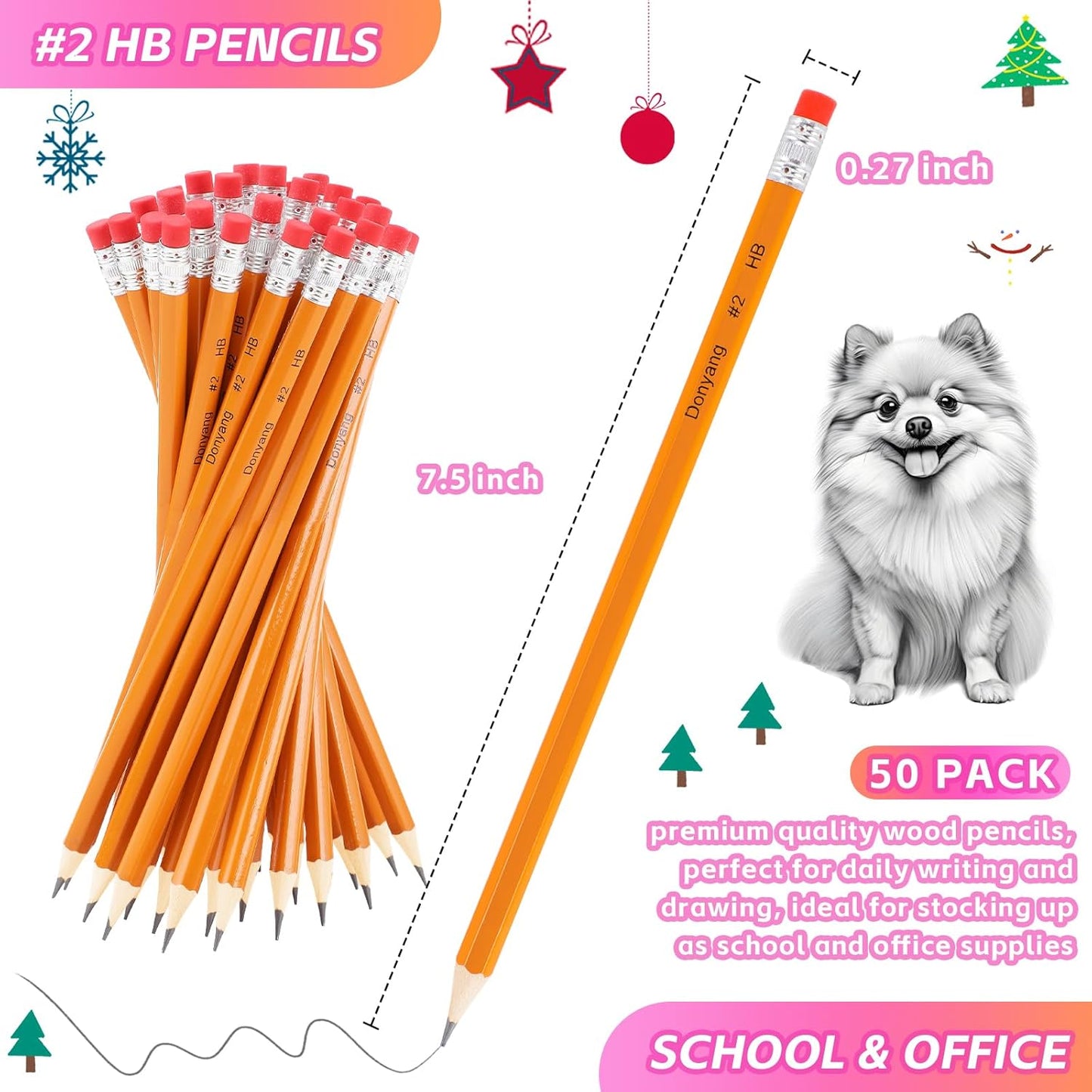 50 Pack #2 Pencils, Pre-Sharpened Pencils with Erasers, Bulk Yellow Graphite Pencils for School Teacher Supplies Office Essentials Desk Accessories, No 2 HB Pencil for Writing Drawing Sketching Gifts