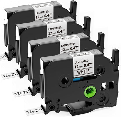 4-Pack TZe TZ Tape 12mm 0.47 Laminated White TZe-231 Replace for Brother P Touch Label Tape TZe231 for Brother Label Maker Tape PT-D210 PT-D220 PT-H110 PT-D610BT PT-D600 PT-D410 PT-D400 PT-H111 PTD200