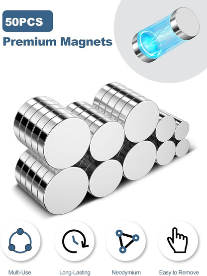 SMARTAKE 50 Pcs Rare Earth Magnets, 5-Size Small Round Fridge Magnets, Multi-Use Premium Office Magnet for Fridge, Office, Whiteboard, Crafts, DIY Hobbies, Kitchen, Science(Silver)