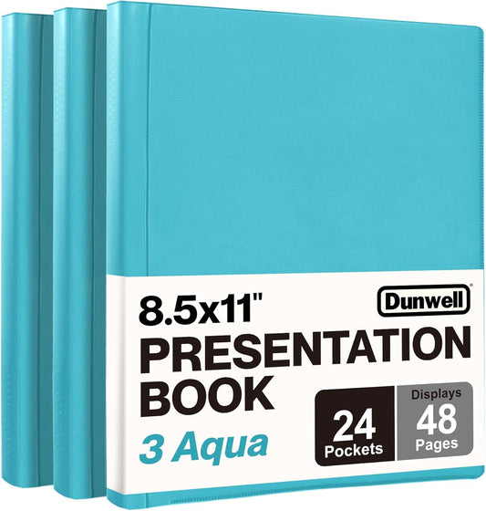 Dunwell Presentation Binder 24-Pocket, Displays 48 Pages, 8.5x11 Portfolio Binder with Plastic Sleeves, Storage and Organizer for Documents, Certificates, Projects, Photos (3 Pack, Aqua)