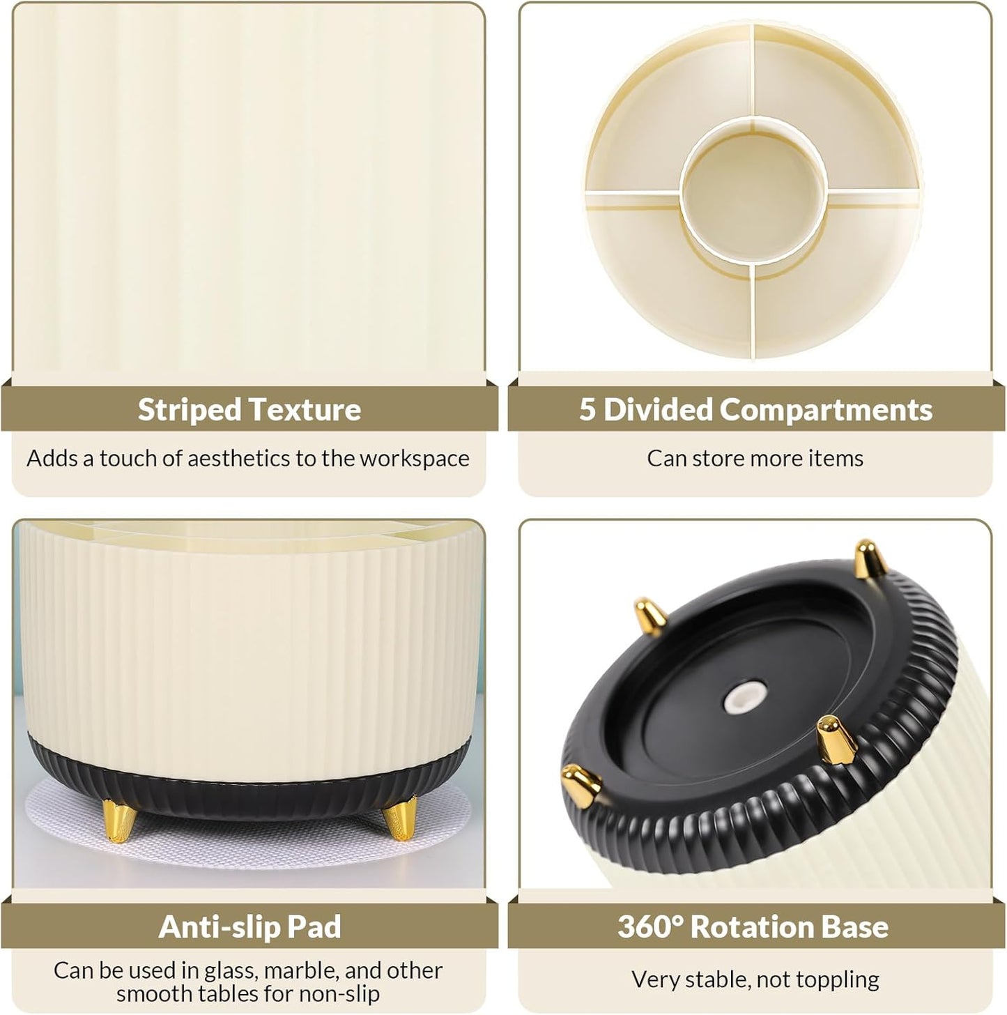 SKYDUE 360 Rotating Organizer, Dual-Purpose Pencil Pen Holder, 5-Slot Rotating Pencil Cup for Office, School, Home (Beige-Black)