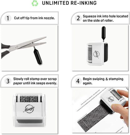 Miseyo Wide Identity Theft Protection Roller Stamp Set - White (3 Refill Ink Included)