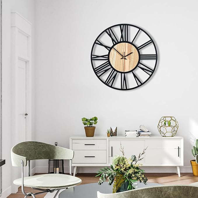 20inch/50cm Large Wall Clocks for Living Room Decor,Bedroom,Battery Operated,Metal,Decorative,Analog,Silent,Non Ticking Big Wall Clock(Wooden Roman Numerals, 20 inches)