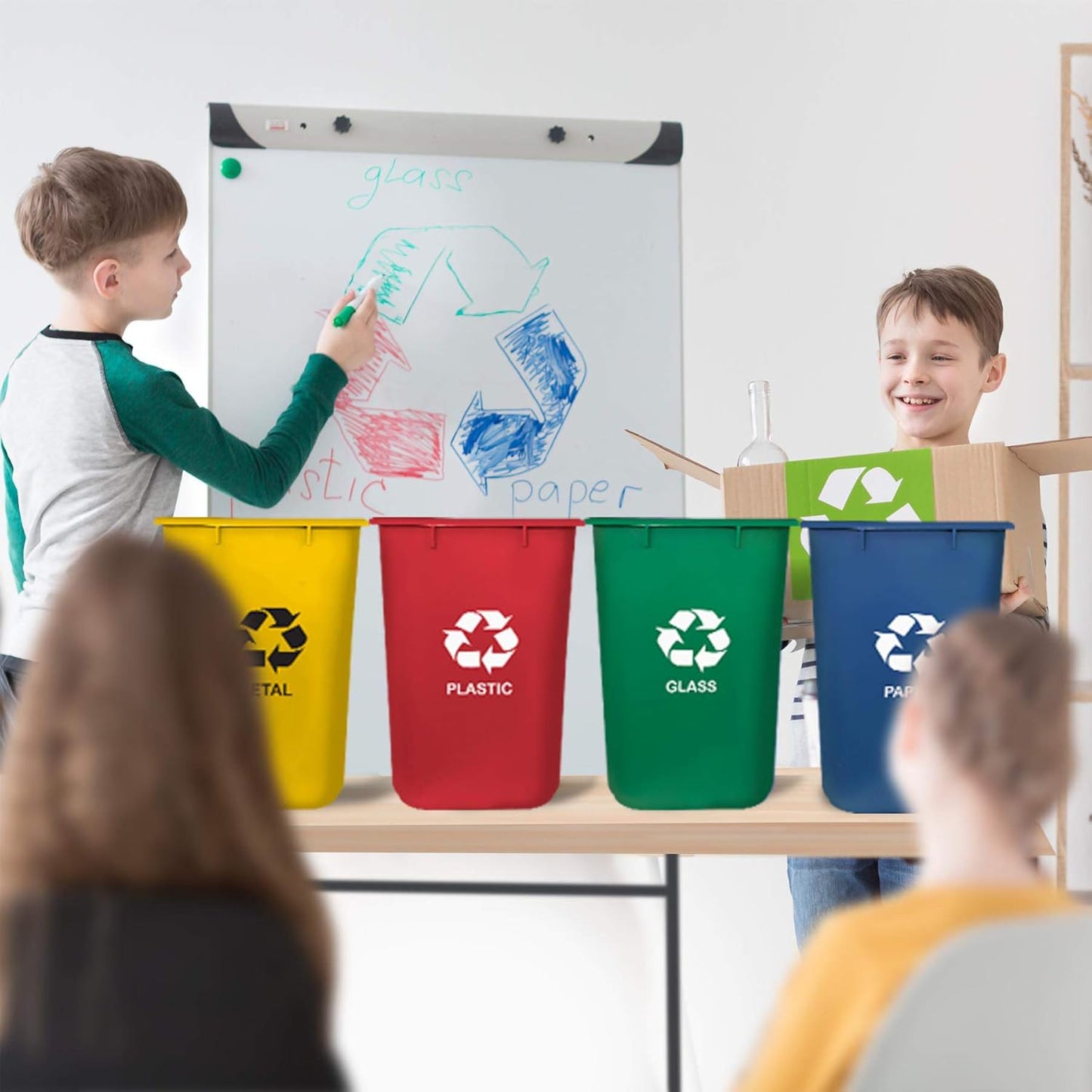 Acrimet Wastebasket Bin for Recycling, 6.75 Gallon/ 27 Quart/ 25.552 Liter (Made of Plastic) (Metal/Yellow, Paper/Blue, Glass/Green, Plastic/Red) (Set of 4)