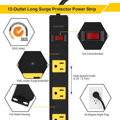 SURAIELEC 12 Outlet Long Metal Power Strip, 15 FT Cord Surge Protector, Angled Flat Plug, Wide Spaced Outlet Power Bar, 15A Breaker, Wall Mountable, Industrial Heavy Duty for Work Bench, Shop, Garage