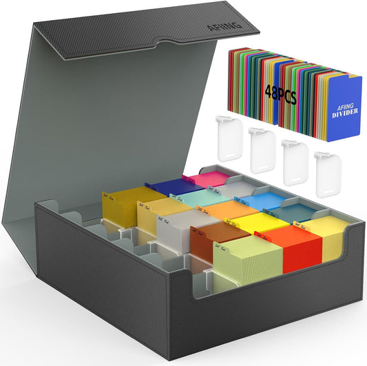 AFIING Trading Card Storage Box, MTG Deck Box with 48 Dividers & Supporters, Commander Card Deck Case Fits for Magic Game Cards, YugiOh, TCG, baseball and Sport Cards, Black Grey 3200+