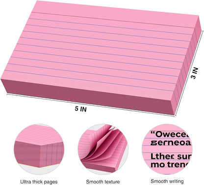 250 Count Index Cards 3x5 Inch 180gsm, Heavy Weight Pink Color Flash Card (50 Sheets Each), Note Taking for Students, Teachers, Professionals, Study Note Cards for Office Home School