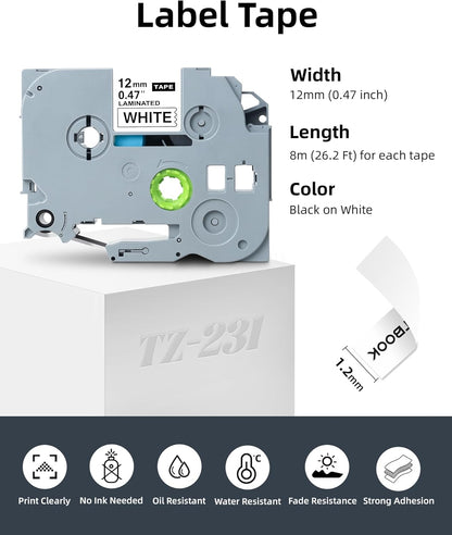 Label Maker Tape 12mm 0.47 White Replacement Brother Label Maker Tape, P-Touch Label Tape, Compatible with Brother PT-D210 H110 D220 D410 D600, 4-Pack