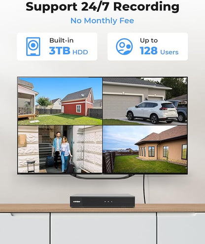 H.VIEW 4K PoE NVR Security Camera System,4pcs 8MP Weatherproof Wired PoE Cameras,Smart Person Detection,One-Way Audio,AI Decetion,H.265+ 4K/8MP 8CH NVR with 3TB HDD for Home 24/7 Recording