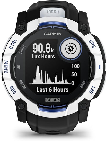Garmin Instinct® 3 – 50 mm, Solar, Rugged Outdoor GPS Smartwatch, Built-in Flashlight, Supernova Collection Limited Edition Color, Whitestone with Black/Bolt Blue Silicone Band