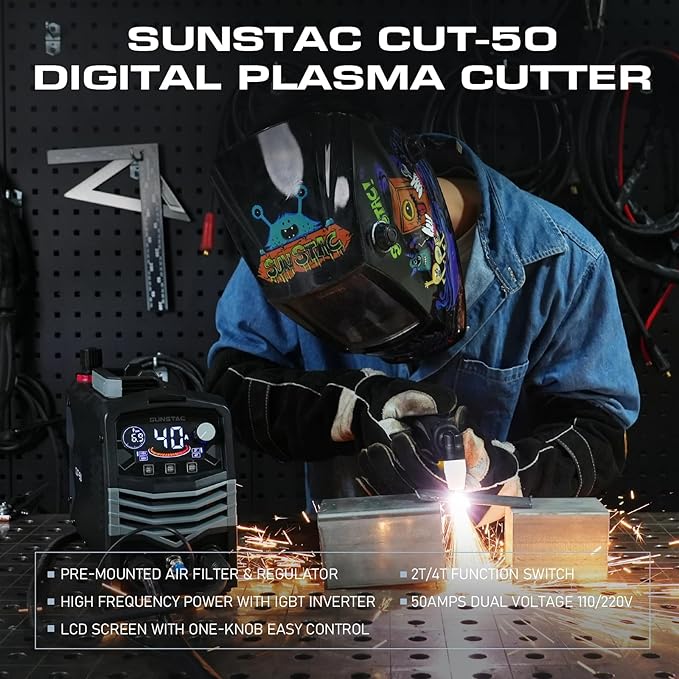 50A Plasma Cutter, Large LCD Display High Frequency Cutting Machine with 110/220V Dual Voltage IGBT Inverter 5/8 Inch Max Cut 2T/4T Mode, Professional & Beginners DIY