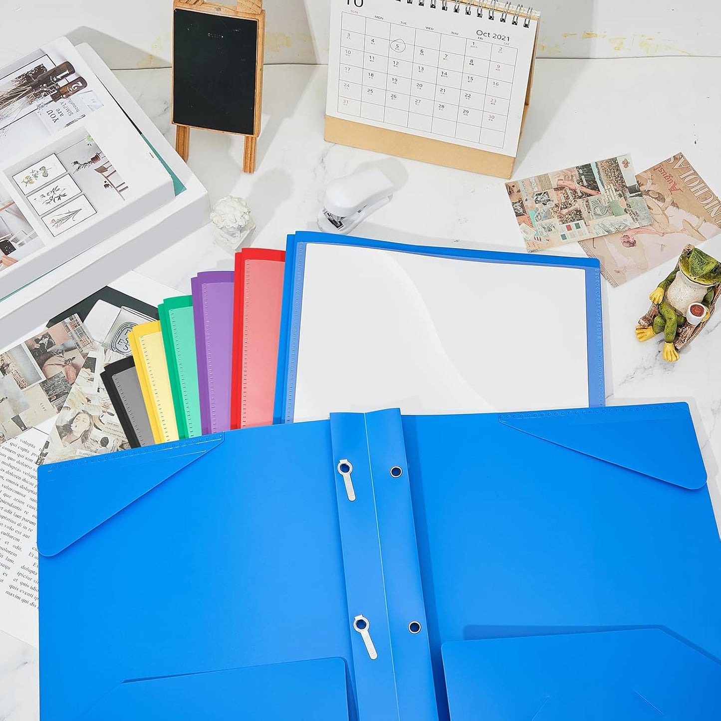 Henoyso 18 Pcs Plastic Folder with Clear Front Pocket and 3 Prong Plastic Folders with Card Slot Pocket Folders with Prongs for School Office (Colorful)