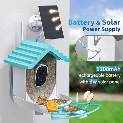 Smart Bird Feeder with Camera Solar Powered & AI Bi rd Identification, 2.4Ghz WiFi Bird feeders for Outdoors, 2K Live Video, Nstant Arrival Alerts - Blue