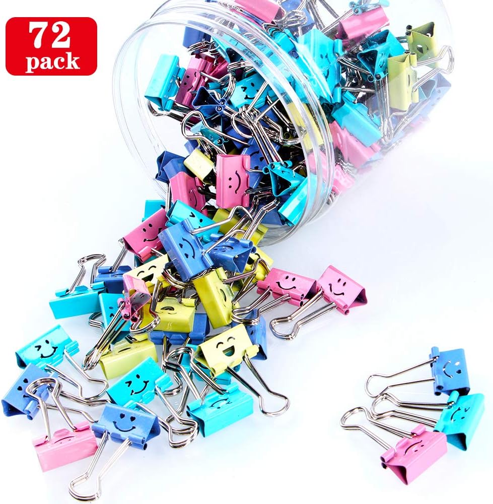 【72pack】 Binder Clips, Limque Paper Clips,Paper Clamps with Colored Cute Hollow Smiling Face,72 Pcs Assorted Size Clip, for Office,Teacher Gifts and Kitchen
