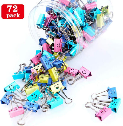 【72pack】 Binder Clips, Limque Paper Clips,Paper Clamps with Colored Cute Hollow Smiling Face,72 Pcs Assorted Size Clip, for Office,Teacher Gifts and Kitchen