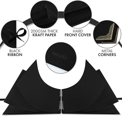 Bstorify 10 x 10 Inches Scrapbook Album 70 Pages Black Thick Kraft Paper Corner Protectors, Ribbon Closure - Ideal for Your Scrapbooking, Art & Craft Projects (Black, 10 x 10 Inch)