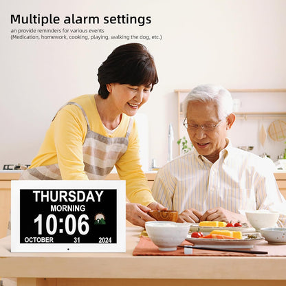 Large Digital Clock, Wall Clock with time, Digital Alarm Clocks for Elderly, Dementia Clock That Provides Alarms and electronicl Calendar for Seniors.(White, 10.1 inches)