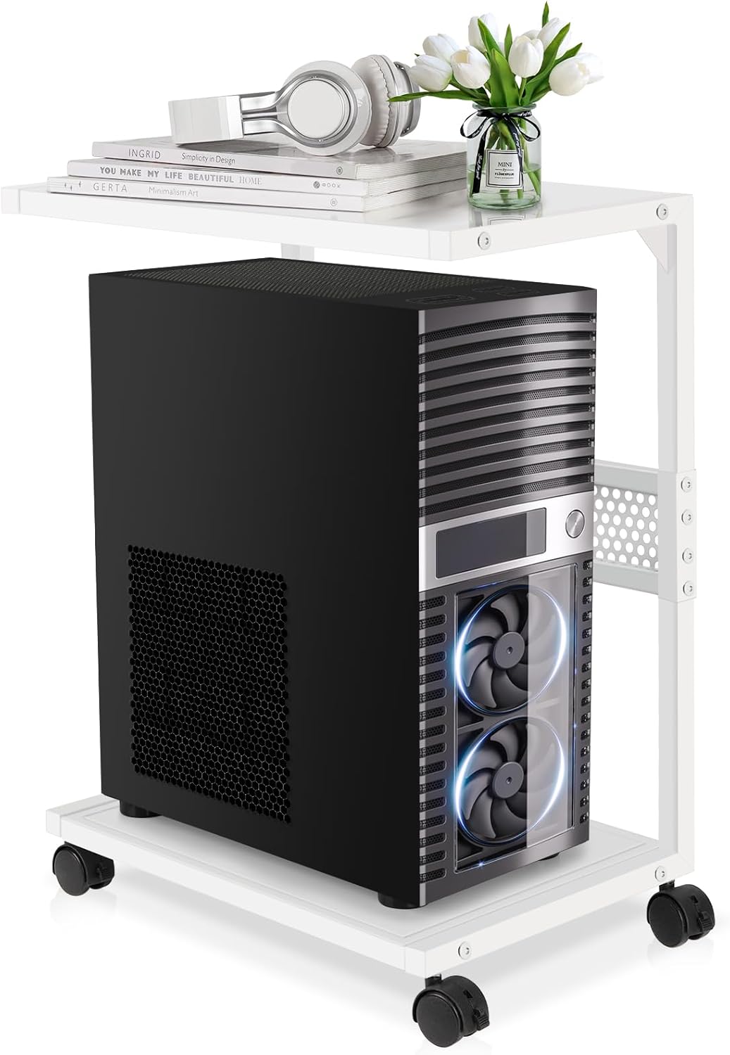 Liitrton PC Tower Stand 2-Tier CPU Stand with Locking Caster Wheels for Office & Home - Iron-White