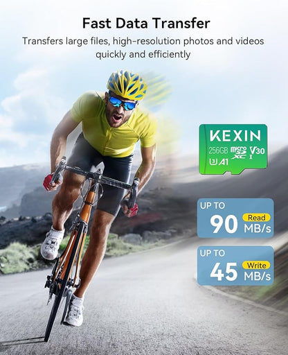 KEXIN 256GB Micro SD Card with Adapter - Up to 90MB/s 4K, V30, A1, C10, 4K UHD High Speed microSDXC UHS-I Memory Card Compatible with Action Camera Drone Game Console Smartphone Tablet,256 G,Single