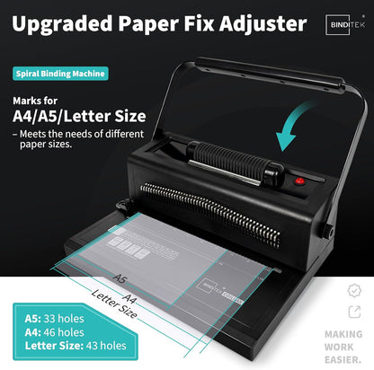 Binditek Spiral Binding Machine for Letter Size/A4/A5, Manual Round Hole Punch, Disengaging Pins, Adjustable Side Margin, with 100 pcs 5/16" Binding Coils, Pliers, PVC Covers & Power Adapter